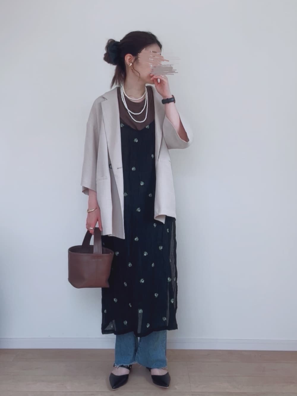 シアー 小花柄 刺繍 キャミワンピース カネコイサオ小花柄キャミ