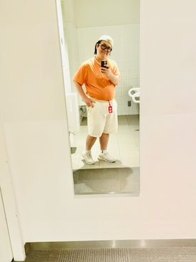 「LACOSTE（ラコステ）の配色ネックリブリンガーネックTシャツ（Tシャツ/カットソー、オレンジ系）」を使った、りゅうたさん（メンズ・160cm）の夏コーディネート
