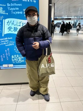 「ハンチング」｜「アイテム（トートバッグ）」を使った、りゅうたさん（メンズ・158cm）の冬コーディネート