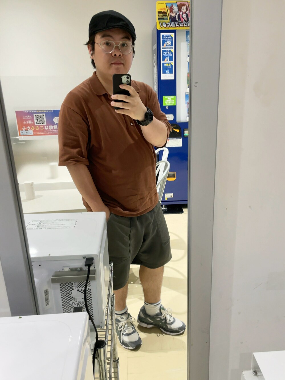 「夏コーデ、シンプルコーデ、大人カジュアル、大人コーデ、プチプラ、ぽっちゃり、メガネ男子、低身長コーデ、ハンチング、ニットポロ、ショーツ、asics、スニーカー、お洒落さんとつながりたい、いいね、save、フォローお願いします🤑」｜「LACOSTEの【LACOSTE】COTTON LOGO HUNTING L1130（ハンチング/ベレー帽、ブラック系）」を使った、りゅうたさん（メンズ・159cm）の夏コーディネートの1枚目の写真