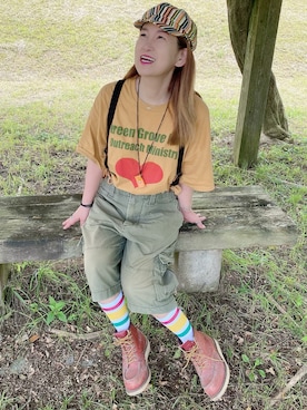 「ソックス」｜「アイテム（ハンチング/ベレー帽）」を使った、みーこさん（レディース・157cm）の夏コーディネート