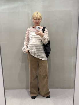 「KBF（ケイビーエフ）のシアーボーダールーズニット（ニット/セーター、ベージュ系）」を使った、ユイさん（レディース・164cm）の夏コーディネート