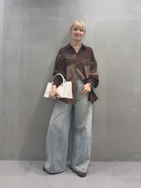 「KBF（ケイビーエフ）のSiltrata　Fringe pattern shirts（シャツ/ブラウス、ブラウン系）」を使った、ユイさん（レディース・164cm）の夏コーディネート