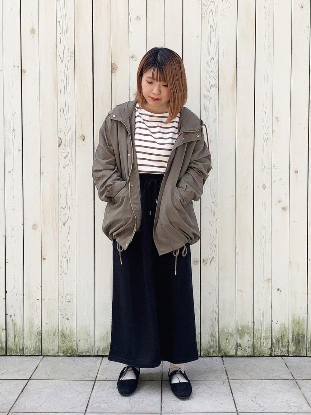 「マウンテンパーカー、ボーダー、大人カジュアル、プチプラ、きれいめカジュアル、秋服、オトナカジュアル、秋コーデ、Samansa Mos2 blue、だから秋服が好き」｜「Samansa Mos2 blueのアイテム（マウンテンパーカー、グリーン系）」を使った、ミヅキさん（レディース・150cm）の秋コーディネートの1枚目の写真