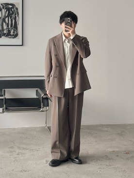 「WYM LIDNM（ウィム バイ リドム）のHIGH TWIST PE DOUBLE SUIT（スーツセット、ベージュ系）」を使った、kurashinoiyashiさん（メンズ・158cm）の冬コーディネート