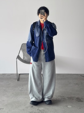 「Unblend（アンブレンド）の【Unblend】ドロスト ヘビーウェイトカーブスウェットパンツ 【セットアップ対応】（スウェットパンツ、グレー系）」を使った、kurashinoiyashiさん（メンズ・158cm）の春コーディネート