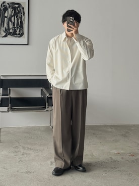 「WYM LIDNM（ウィム バイ リドム）のREFINED WAFFLE HENLEY NECK L/S TEE（Tシャツ/カットソー、ホワイト系）」を使った、kurashinoiyashiさん（メンズ・158cm）の冬コーディネート