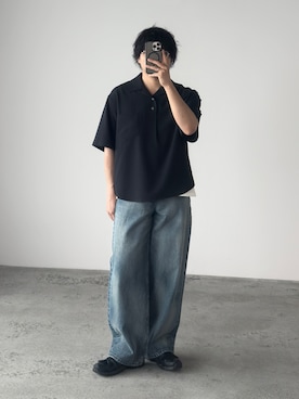 「WYM LIDNM（ウィム バイ リドム）のWASHER H/S SKIPPER SHIRT（シャツ/ブラウス、ブラック系）」を使った、kurashinoiyashiさん（メンズ・158cm）の夏コーディネート