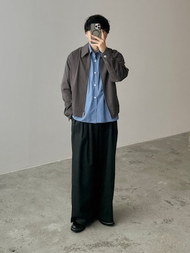 「WYM LIDNM（ウィム バイ リドム）のSLIGHT FLARE DOUBLE CLOTH BAGGY SLACKS（スラックス、グレー系）」を使った、kurashinoiyashiさん（メンズ・158cm）の春コーディネート