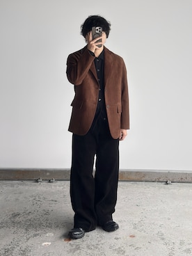 「WYM LIDNM（ウィム バイ リドム）のFAUX SUEDE TAILORED JACKET（テーラードジャケット、ブラウン系）」を使った、kurashinoiyashiさん（メンズ・158cm）の秋コーディネート