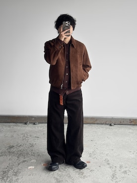 「WYM LIDNM（ウィム バイ リドム）のT/C BASIC KNIT SHIRT CARDIGAN（シャツ/ブラウス、ブラウン系）」を使った、kurashinoiyashiさん（メンズ・158cm）の秋コーディネート
