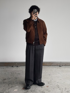 「WYM LIDNM（ウィム バイ リドム）のARTIFICIAL GRAIN / FAUX SUEDE ZIP BLOUSON（ブルゾン、ブラウン系）」を使った、kurashinoiyashiさん（メンズ・158cm）の秋コーディネート