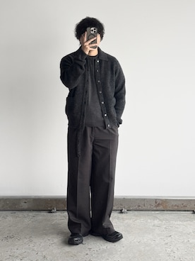 「WYM LIDNM（ウィム バイ リドム）のWOOL BLEND 14G HENLEY KNIT（ニット/セーター、グレー系）」を使った、kurashinoiyashiさん（メンズ・158cm）の秋コーディネート