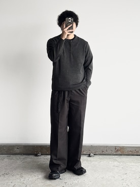 「WYM LIDNM（ウィム バイ リドム）のWOOL BLEND 14G HENLEY KNIT（ニット/セーター、グレー系）」を使った、kurashinoiyashiさん（メンズ・158cm）の秋コーディネート
