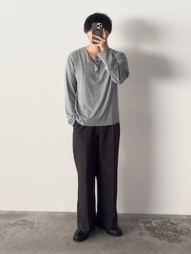 「WYM LIDNM（ウィム バイ リドム）のSEMI WIDE STRAIGHT CLASSIC SLACKS（スラックス、ブラウン系）」を使った、kurashinoiyashiさん（メンズ・158cm）の夏コーディネート