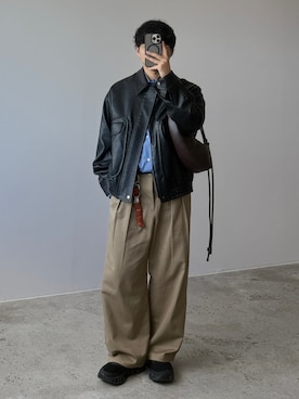 「WYM LIDNM（ウィム バイ リドム）のARTIFICIAL GRAIN FLIGHT BLOUSON（ブルゾン）」を使った、kurashinoiyashiさん（メンズ・158cm）の秋コーディネート