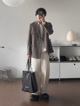 「WYM LIDNM（ウィム バイ リドム）のHIGH TWIST PE DOUBLE SUIT（スーツセット、ベージュ系）」を使った、kurashinoiyashiさん（メンズ・158cm）の春コーディネート