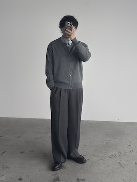 「WYM LIDNM（ウィム バイ リドム）のT/C CREW COMPACT CARDIGAN（カーディガン/ボレロ、グレー系）」を使った、kurashinoiyashiさん（メンズ・158cm）の夏コーディネート