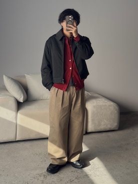 「WYM LIDNM（ウィム バイ リドム）のT/C BASIC KNIT SHIRT CARDIGAN（シャツ/ブラウス、レッド系）」を使った、kurashinoiyashiさん（メンズ・158cm）の春コーディネート