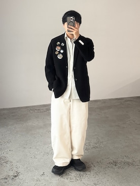 「WYM LIDNM（ウィム バイ リドム）のMICRO SPAN BASIC SHIRT（シャツ/ブラウス、ベージュ系）」を使った、kurashinoiyashiさん（メンズ・158cm）の春コーディネート