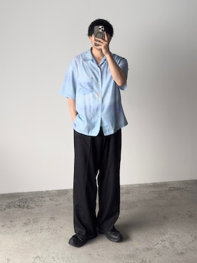 「WYM LIDNM（ウィム バイ リドム）のABSTRACT ART GRAPHIC H/S SHIRT（シャツ/ブラウス、グレー系）」を使った、kurashinoiyashiさん（メンズ・158cm）の夏コーディネート