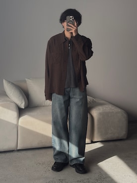 「WYM LIDNM（ウィム バイ リドム）のRAYON JACQUARD CROPPED SHIRT（シャツ/ブラウス、ブラウン系）」を使った、kurashinoiyashiさん（メンズ・158cm）の春コーディネート