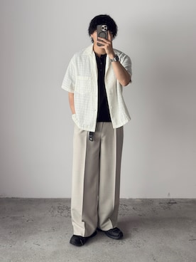 「WYM LIDNM（ウィム バイ リドム）のGAUZE JACQUARD CHECK H/S SHIRT（シャツ/ブラウス、ブラック系）」を使った、kurashinoiyashiさん（メンズ・158cm）の夏コーディネート