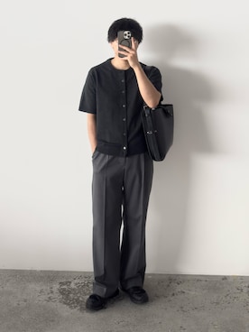 「WYM LIDNM（ウィム バイ リドム）のT/C CREW HALF SLEEVE  CARDIGAN（カーディガン/ボレロ、グレー系）」を使った、kurashinoiyashiさん（メンズ・158cm）の夏コーディネート