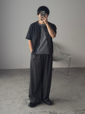 「WYM LIDNM（ウィム バイ リドム）のT/C COMPACT KNIT HENLEY TEE（Tシャツ/カットソー、グレー系）」を使った、kurashinoiyashiさん（メンズ・158cm）の夏コーディネート