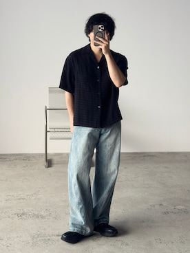 「WYM LIDNM（ウィム バイ リドム）のGAUZE MESH CHECK H/S SHIRT（シャツ/ブラウス、グレー系）」を使った、kurashinoiyashiさん（メンズ・158cm）の春コーディネート