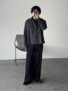 「WYM LIDNM（ウィム バイ リドム）のMICRO SPAN CROPPED SHIRT（シャツ/ブラウス、グレー系）」を使った、kurashinoiyashiさん（メンズ・158cm）の春コーディネート