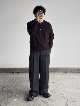 「WYM LIDNM（ウィム バイ リドム）のMELANGE TWEED CURVED SEAM SLACKS【SET-UP】（スラックス、グレー系）」を使った、kurashinoiyashiさん（メンズ・158cm）の秋コーディネート
