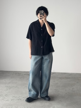「WYM LIDNM（ウィム バイ リドム）のLASER FADE STANDARD STRAIGHT DENIM（デニムパンツ、ブルー系）」を使った、kurashinoiyashiさん（メンズ・158cm）の夏コーディネート