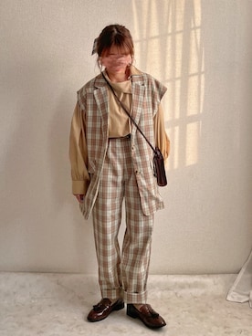 「チェック柄に恋してる」｜「アイテム（スラックス）」を使った、ぽーさん（レディース・148cm）の春コーディネート