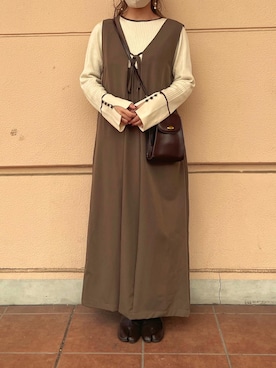 「ブラウンコーデ」｜「アイテム（ジャンパースカート）」を使った、ぽーさん（レディース・148cm）の秋コーディネート