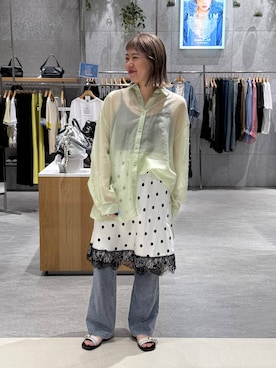 「LEPSIM（レプシィム）のフラットベルトサンダル　670496（サンダル、ホワイト系）」を使った、kuu__lpさん（レディース・157cm）の夏コーディネート