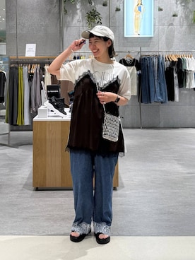 「LEPSIM（レプシィム）のベルトバックルクッションサンダル　638815（サンダル、ブラック系）」を使った、kuu__lpさん（レディース・157cm）の春コーディネート