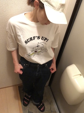 「PEANUTS（ピーナッツ）のアイテム（Tシャツ/カットソー、ホワイト系）」を使った、eriさん（レディース・160cm）の夏コーディネート