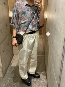 「古着のアイテム（スラックス、ホワイト系）」を使った、むらさん（メンズ・175cm）の夏コーディネート