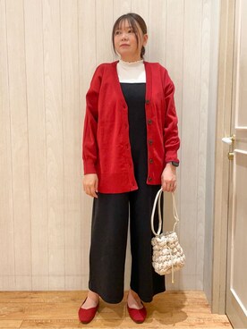 「SHOO・LA・RUE（シューラルー）の◆【高レビュー】洗えてサラサラ スクエアニットパンプス（パンプス、レッド系）」を使った、あーやさん（レディース・166cm）の秋コーディネート