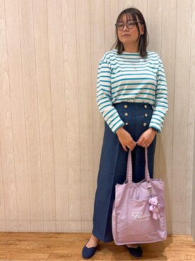 「SHOO・LA・RUE（シューラルー）の◆【高レビュー】洗えてサラサラ スクエアニットパンプス（パンプス、ブルー系）」を使った、あーやさん（レディース・166cm）の春コーディネート