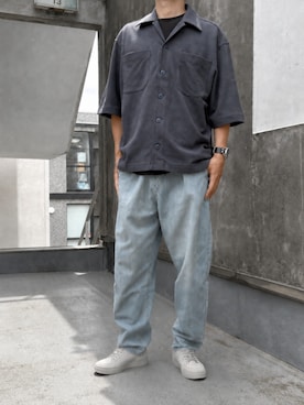 「G-STAR（ジースター）のPleated Chino Denim Relaxed Tapered/フロントプリーツチノディテールリラックステーパードジーンズ（デニムパンツ、ブルー系）」を使った、G-Star RAWさん（メンズ・170cm）の夏コーディネート