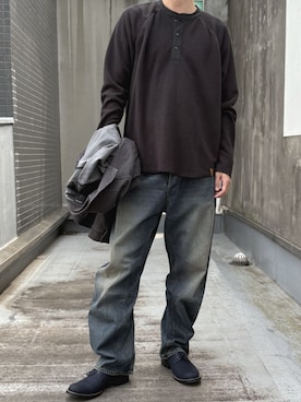 「G-STAR（ジースター）のWaffle Henley Relaxed T-Shirt/ワッフルヘンリーネックリラックスロングスリーブTシャツ（Tシャツ/カットソー、ブラック系）」を使った、G-Star RAWさん（メンズ・170cm）の秋コーディネート