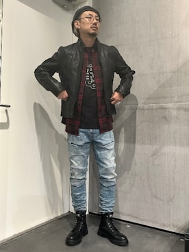 「アイテム（ライダースジャケット）」を使った、G-Star RAWさん（メンズ・178cm）の秋コーディネート
