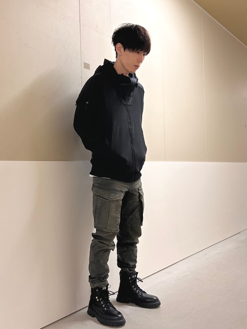 Mixed Woven Cargo Hooded Zip Sweater/異素材ミックスハイネックジップアップパーカー