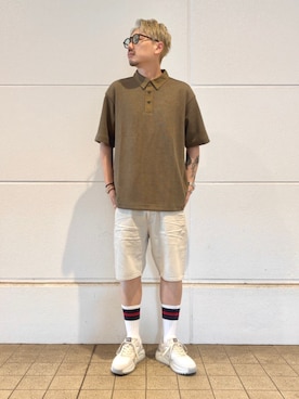 「G-STAR（ジースター）のHeavy Waffle Loose Polo/ヘビーウェイトワッフルルーズオーバーサイズポロシャツ（ポロシャツ、グリーン系）」を使った、G-Star RAWさん（メンズ・178cm）の夏コーディネート