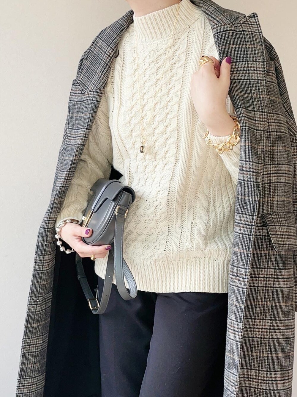 「ニット/セーター、ボマール、bohmal、bohmal_style」｜「bohmalのアラン柄モックネックニット（ニット/セーター、ホワイト系）」を使った、yocoさん（レディース・162cm）の秋コーディネートの1枚目の写真