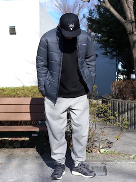 「patagonia」｜「アイテム（スウェットパンツ）」を使った、ぼんじりさん（メンズ・179cm）の冬コーディネート