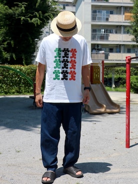 「FREAK'S STORE（フリークスストア）の限定展開 FREAK'S STORE OUTDOORS/フリークスアウトドアーズ ワイドシルエット クライミングパンツ/デニム/チノ/デニムパンツ（チノパンツ、ブルー系）」を使った、ぼんじりさん（メンズ・179cm）の夏コーディネート