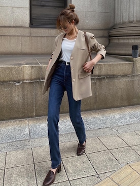 「Levis」｜「アイテム（ノーカラージャケット）」を使った、Akaneさん（レディース・163cm）の春コーディネート